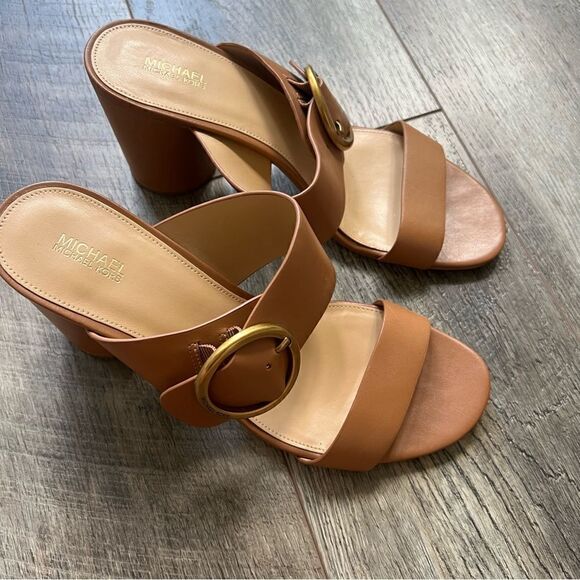 Michael Kors Estella Round Heel Sandal Cognac Brown Size 10 Chunky Block Heel - Picture 2 of 10